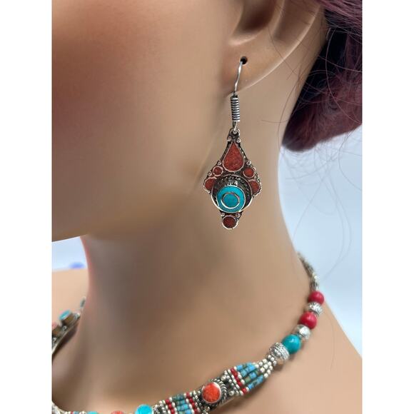Tibetan Turquoise Coral Jewelry Set • Necklace Bracelet Earrings • Boho Artisan - Picture 4 of 6